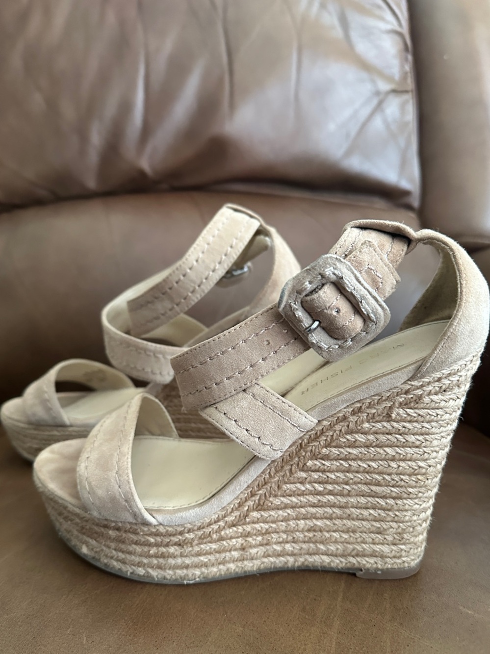 Marc Fisher Neutral Beige Suede Espadrille Wedge Sandals